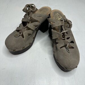 Sbicca Vintage Suede Lace Up Clog Heels Womens 7M Boho Wood Heel Y2K